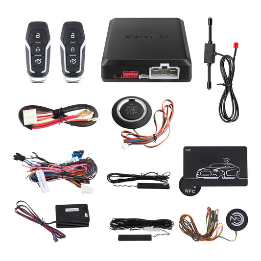 EASYGUARD EC002-F02-NFC-NS Passive Keyless Entry car Alarm Rolling Code with PKE Remote Starter with Passive keyless Entry Push Start Button NFC Lock Unlock（with Shock Sensor）