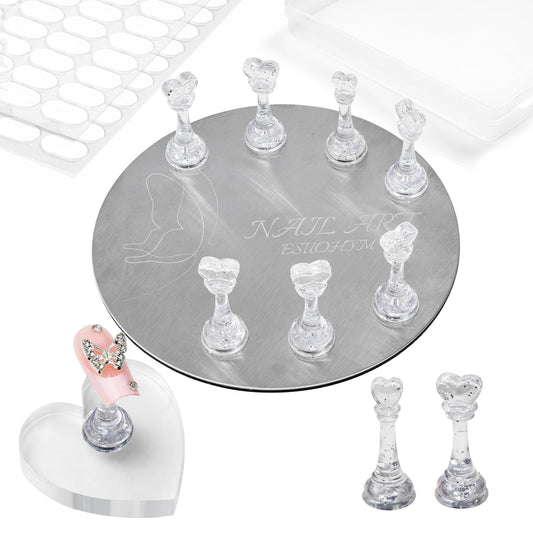 ESUOHYM Nail Stands for Press On Nails Painting Display Practice, Powerful Magnetic Nail Tip Holders for Diy Design, Heart Nail Art Stand with 200 PCS Double-Sided Tapes Home Salon Use (Silver)
