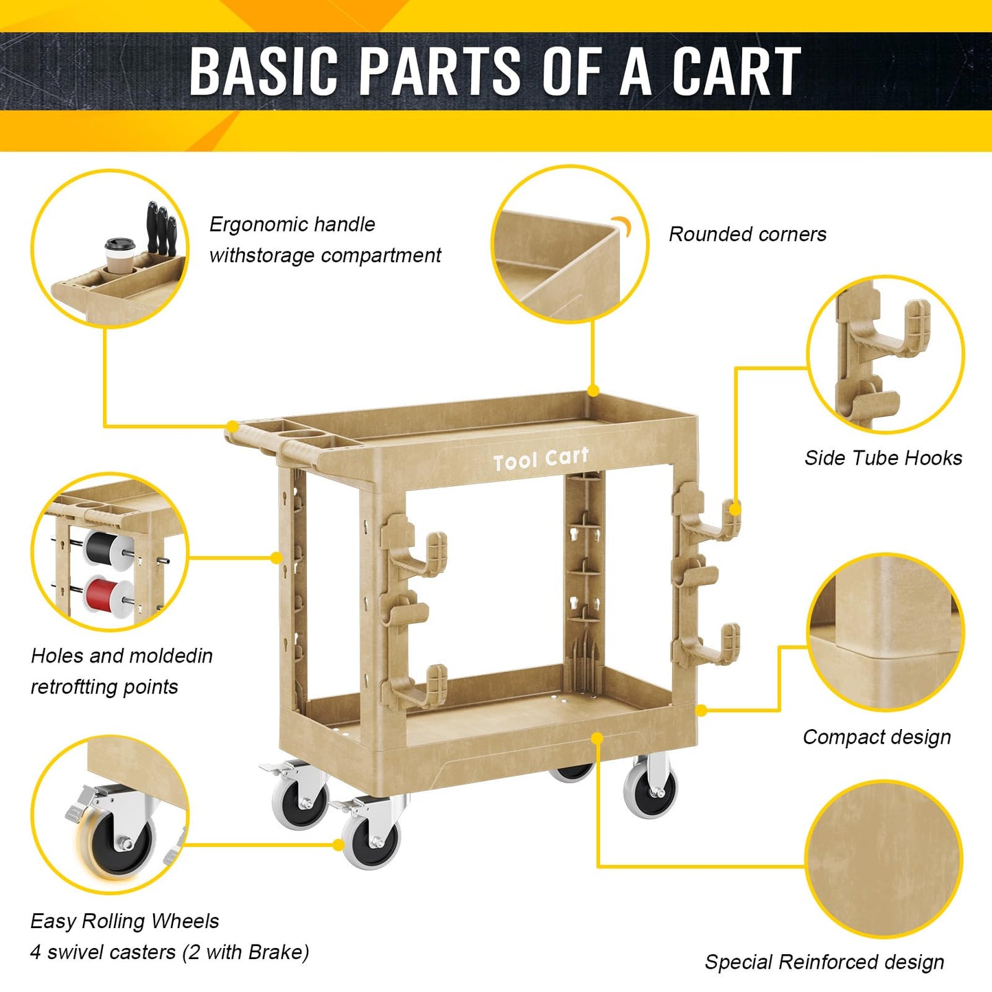 Utility Cart on Wheels, 850Lbs Heavy Duty Plastic Rolling Cart with Upgraded Side Tube Holder Hooks&Full Swivel Wheel, 34 x 17 Inch Deep Shelve 2 Tier Service Cart for Warehouse/Garage/Cleaning, Wood