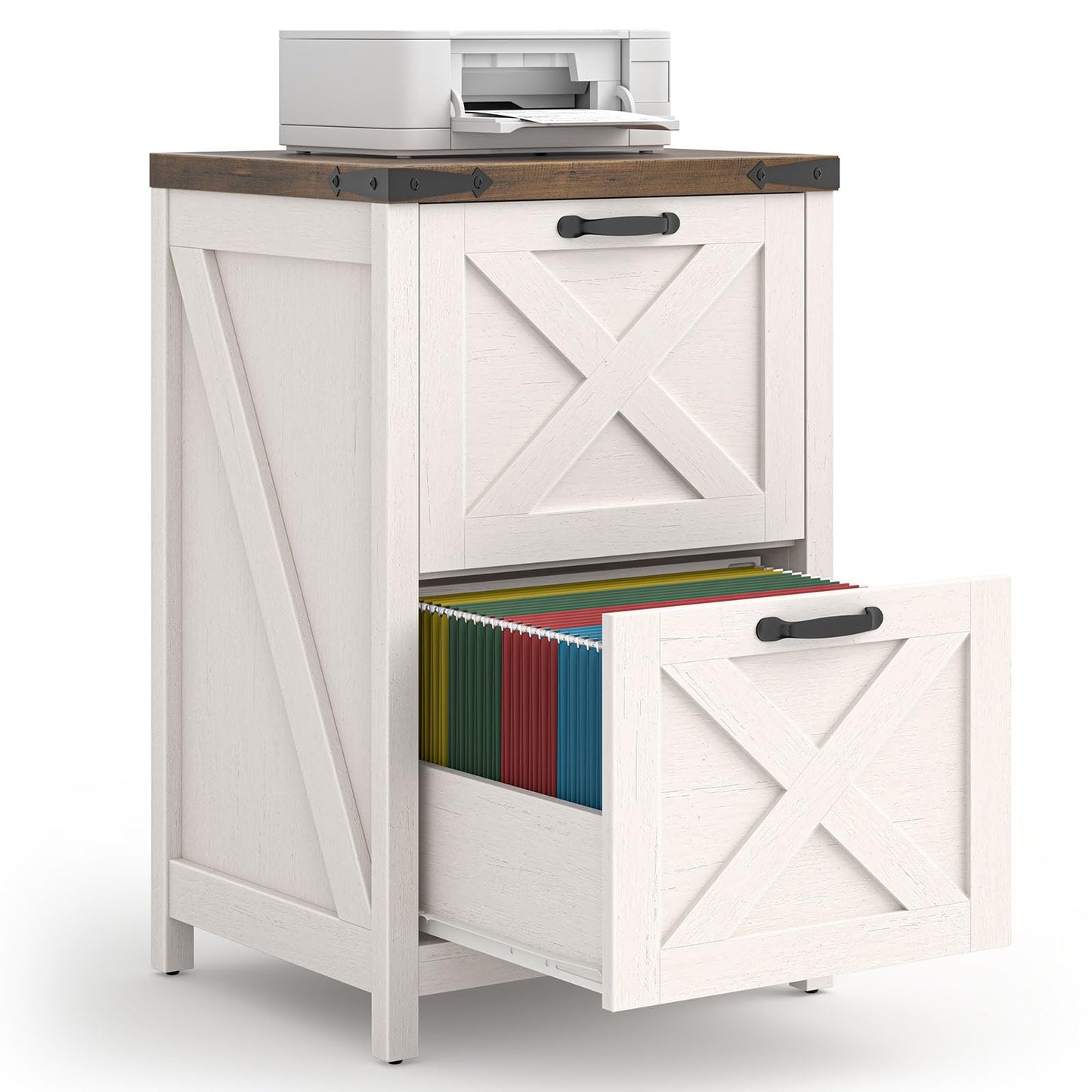 Halitaa 2 Drawer Small File Cabinet, Farmhouse Vertical Filing Cabinet Fits Letter and A4 Size, Under Desk Wooden File Cabinets for Home Office, Printer Stand, Rustic White