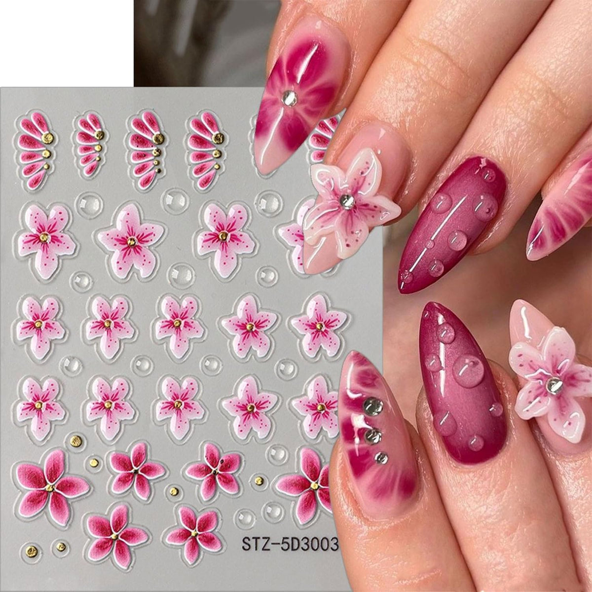 4 Sheet 5D Embossed Nail Stickers Flower Nail Art Stickers Decals for Spring Nail Supplies Pink Floral Nails Art Design Daisy Gold 3D Self-Adhesive Manicure Decoration for Women Nails Supplies