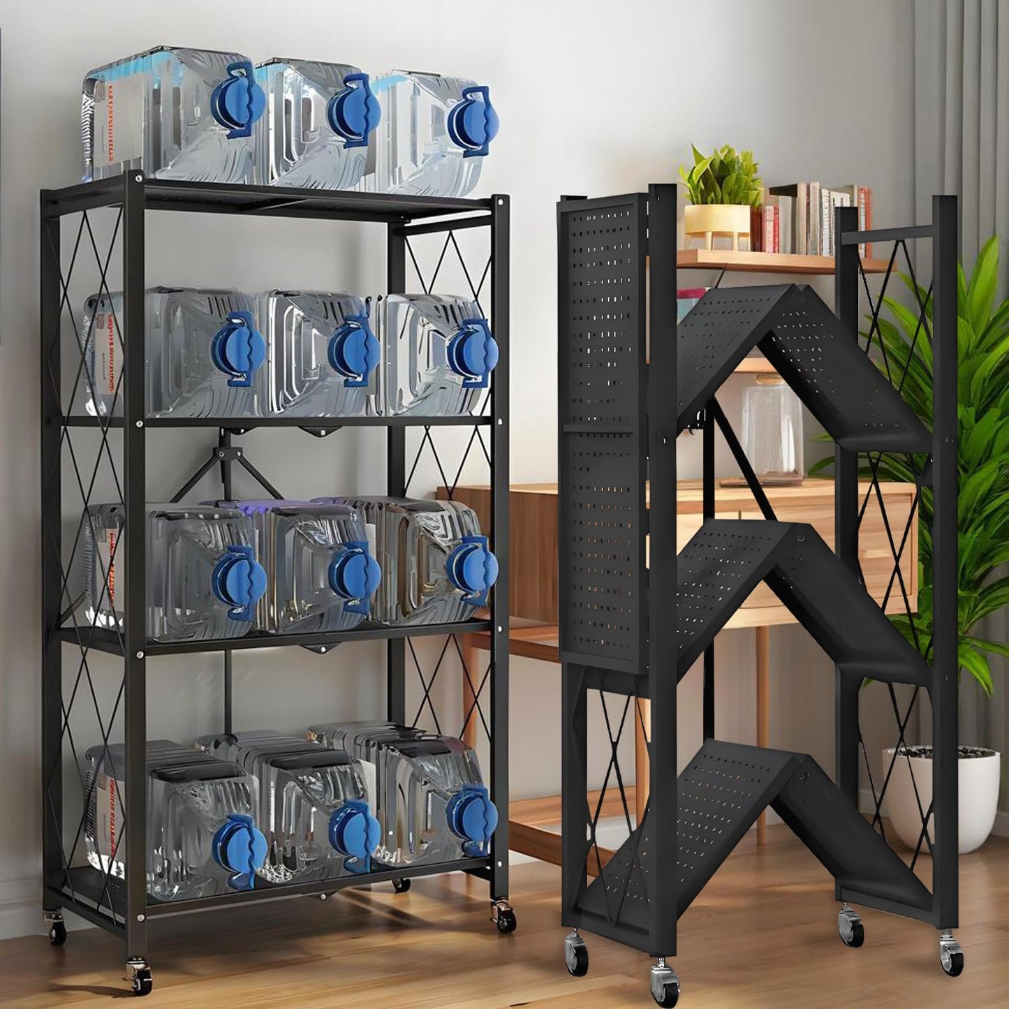 Kitchen Garage Metal Shelves, Storage Shelves Organizer, Foldable Metal Shelving, Closet Shelving Unit, 28" W x 14" D x 50" H Bakers Rack Microwave Stand, Plant Stand with Wheels (4-Tier Shelf)