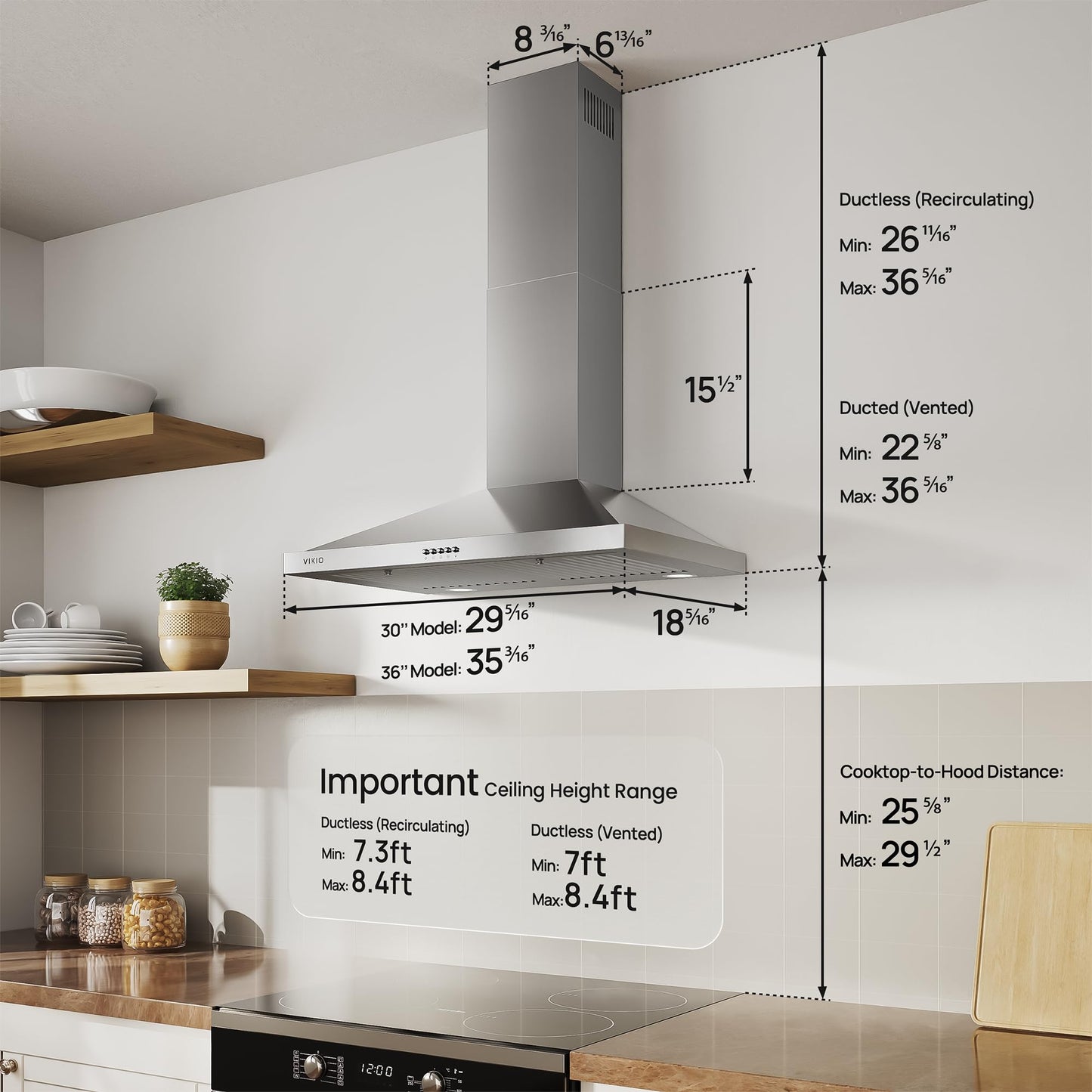 Range Hood 30 inch, 450 CFM Wall Mount Range Hood, Ducted/Ductless Convertible, with Stainless Baffle Filters, LED lights & Charcoal Filters