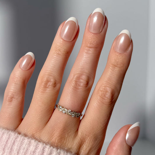 Glamnetic Press On Nails - Short Oval Fake Nails, White French Tip Nails, Pearlfect | 15 Sizes - 30 Nail Kit with Glue | Gift for Mom