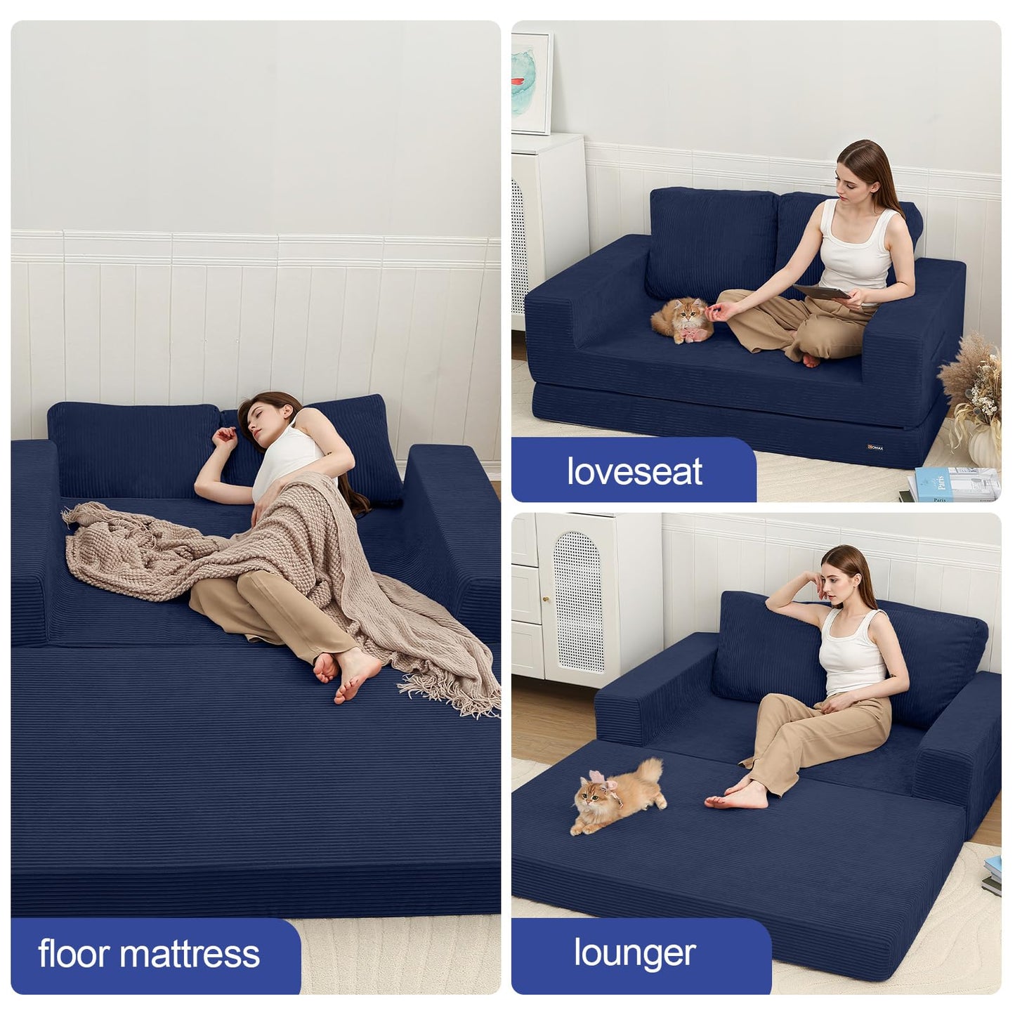 COMAX Convertible Sofa Bed Queen, Folding Fold Out Couch Bed, Floor Futon Couch Corduroy with Back Pillows, Boneless Sofa Comfy Lounge Sleeper Mattress Loveseat for Living Room Bedroom, Navy Blue