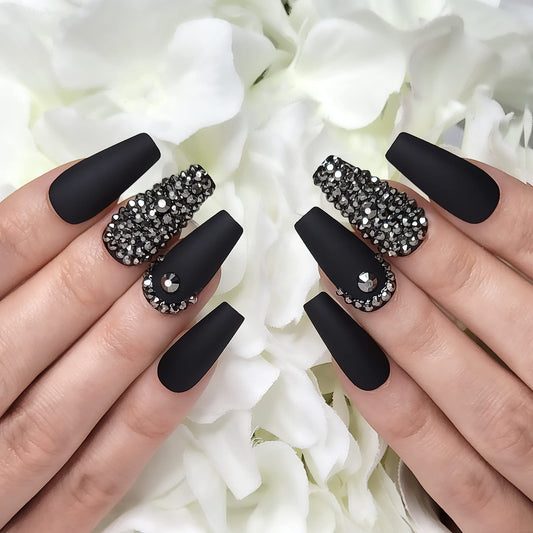 Hypnaughty 24 Pcs Rhinestone Noir Coffin Press On Nails with Gunmetal Color Luxury Rhinestones and Glue Medium Length Glue On False Nails (Rhinestone Noir)