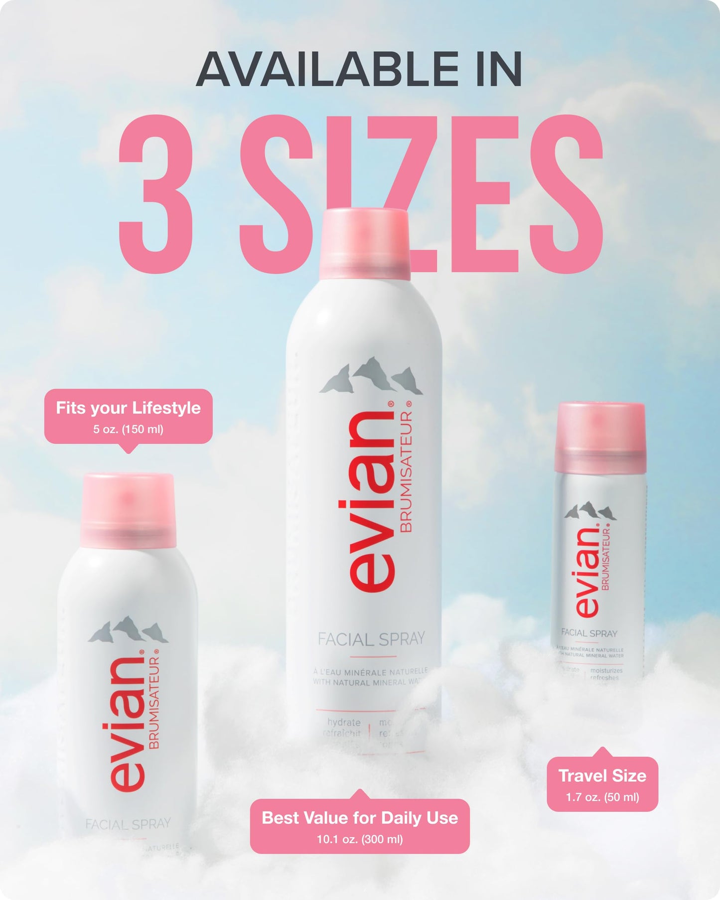 Evian Facial Spray 1.7 oz Travel Trio - Hydrating Mineral Water Mist for Face & Skin - Refreshes Makeup and Tones - TSA-Approved Mini Facial Spray to Hydrate and Refresh Skin Anywhere