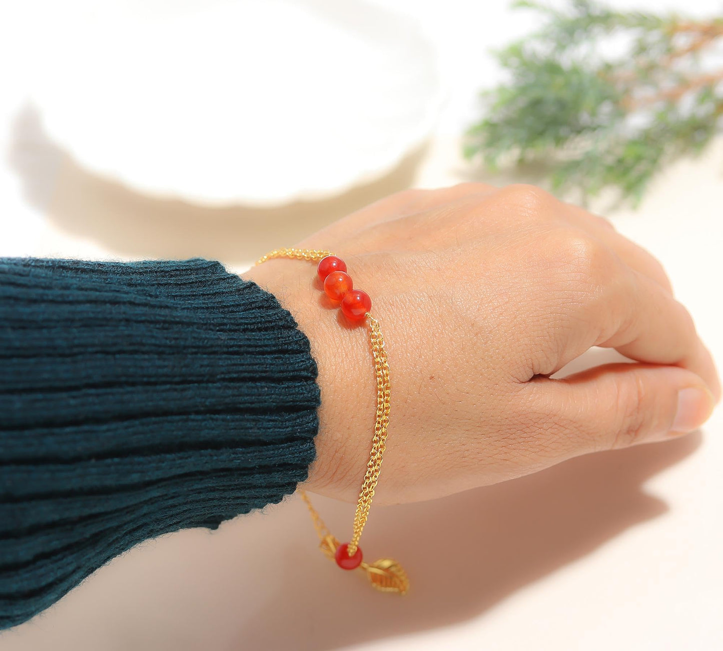 POSHPENDANT Handmade Carnelian Bead Bracelet – Natural 6mm Carnelian Beads – Vitality & Motivation – Dual Gold Brass Chain – Adjustable 7+1 Inch – Spiritual Gift for Her
