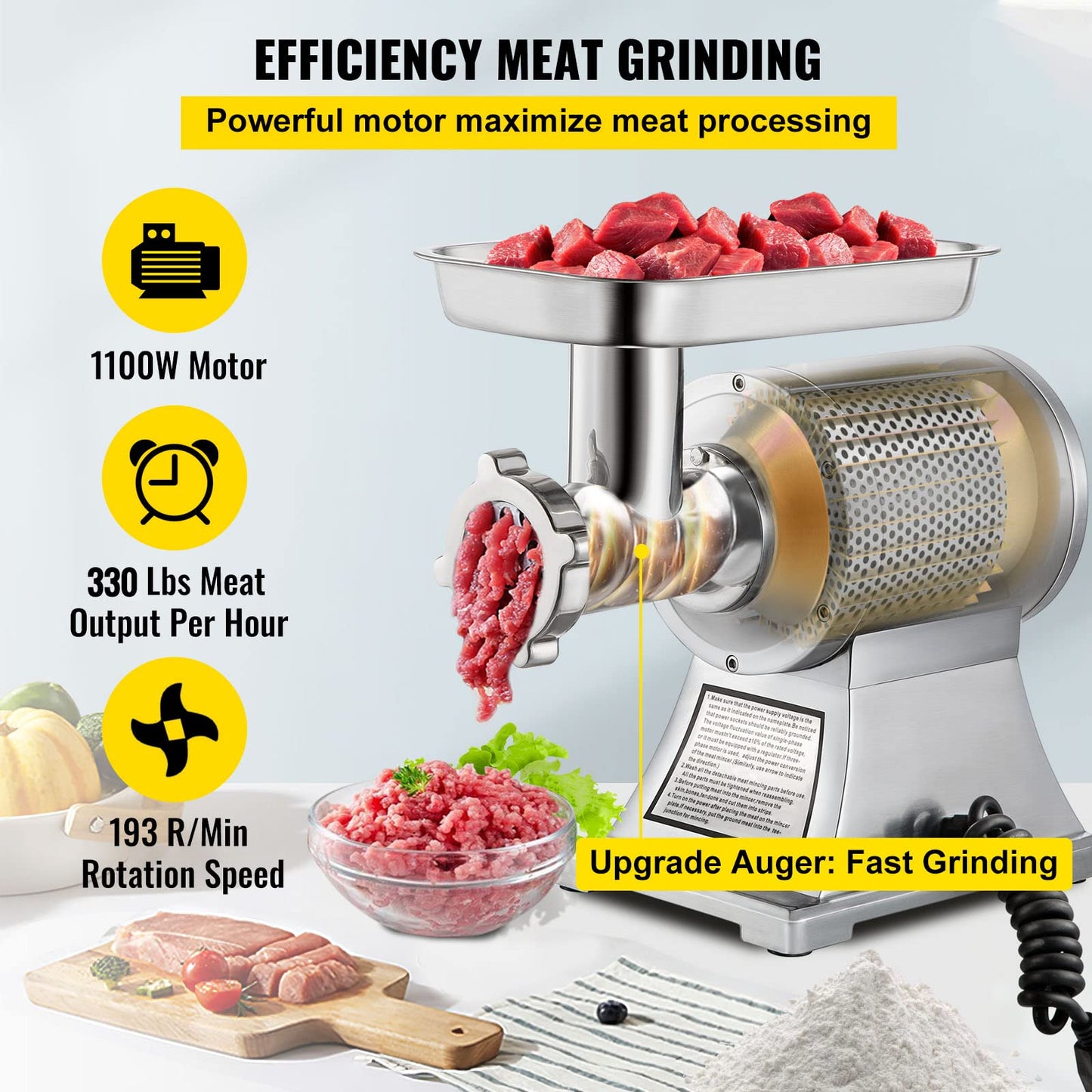 Happybuy Commercial Meat Grinder,550LB/h 1100W, 220 RPM Heavy Duty Stainless Steel Industrial Meat Mincer w/2 Blades, Grinding Plates & Meat Pusher