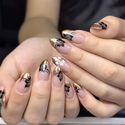 FIEONCIY Press on Almond Nails Short Length Glossy Acrylic Almond Shaped False Nails with Designs Artificial Medium Fake Nails with Charms Glue Stick on Fingernails for Women Girls(WSJ2400)