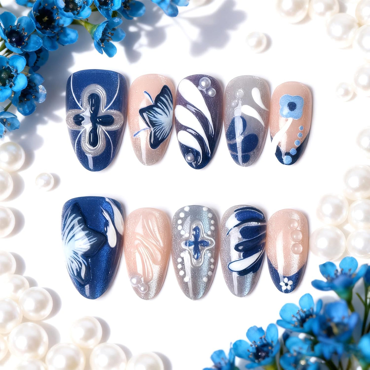 Blue Flower Press on Nails Short Almond Fake Nails 3D Pearls Water Ripples Design Cute Floral False Nails Blue French Nails Cute Stick on Nail Acrylic Nail Full Cover Glue on for Women 30Pcs