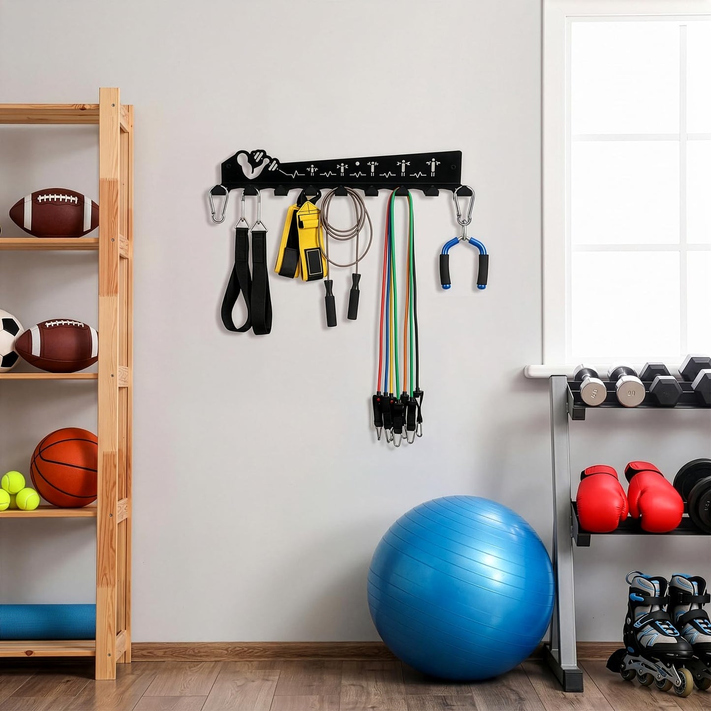 DEAYOU Home Gym Storage Rack Wall Mount, 9 Hook Gym Accessories Organization, Multi-Purpose Gym Equipment Hanger for Barbells, Resistance Bands, Jump Ropes, Lifting Belt, Row Handles, 16.5""
