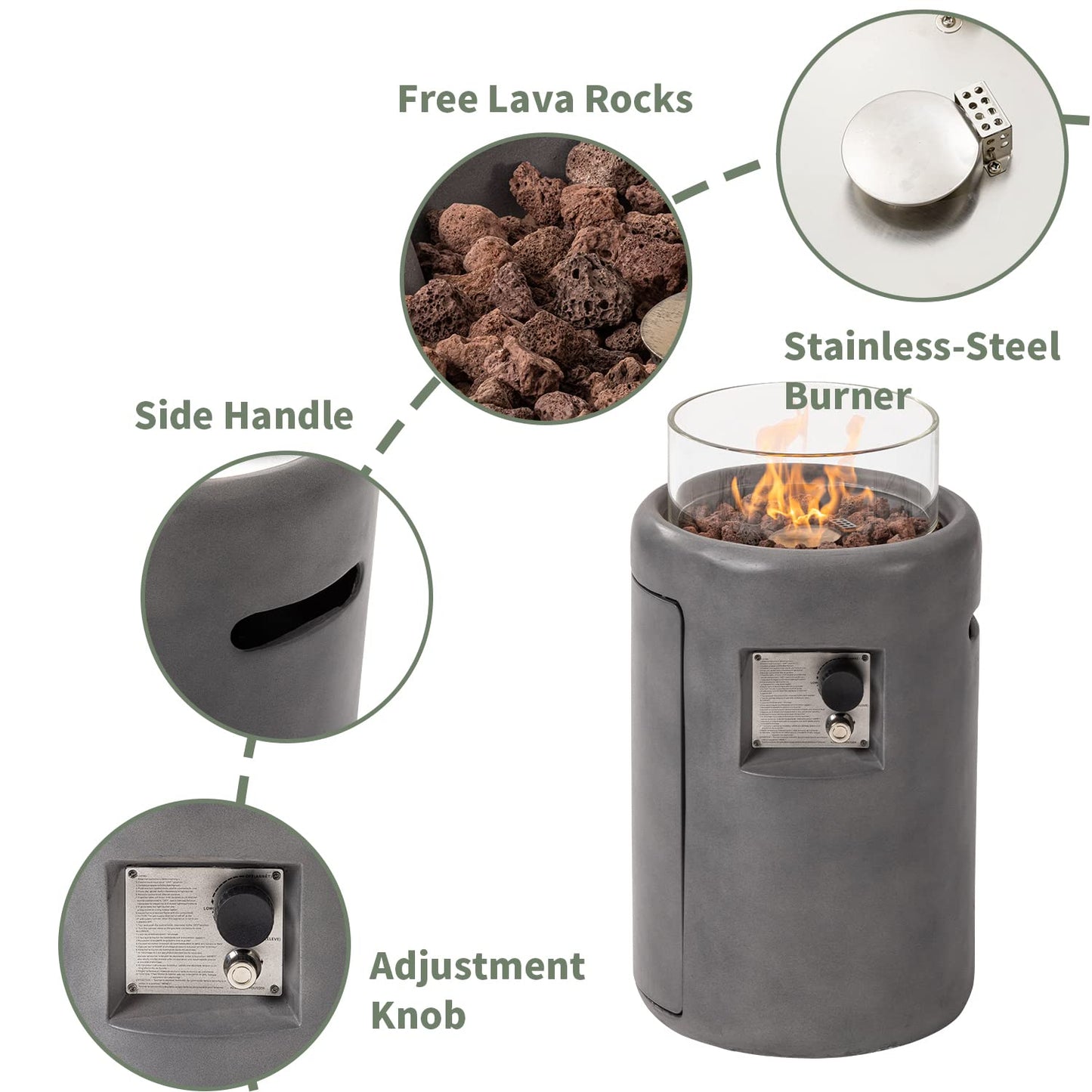 COSIEST Outdoor Propane Fire Pit Table w Compact Ledgestone 16-inch Round Graphite Base and Glass Wind Guard, Certified, 40,000 BTU, Free Lava Rocks, Touch-up Pen, Fits 20lb (Grey)