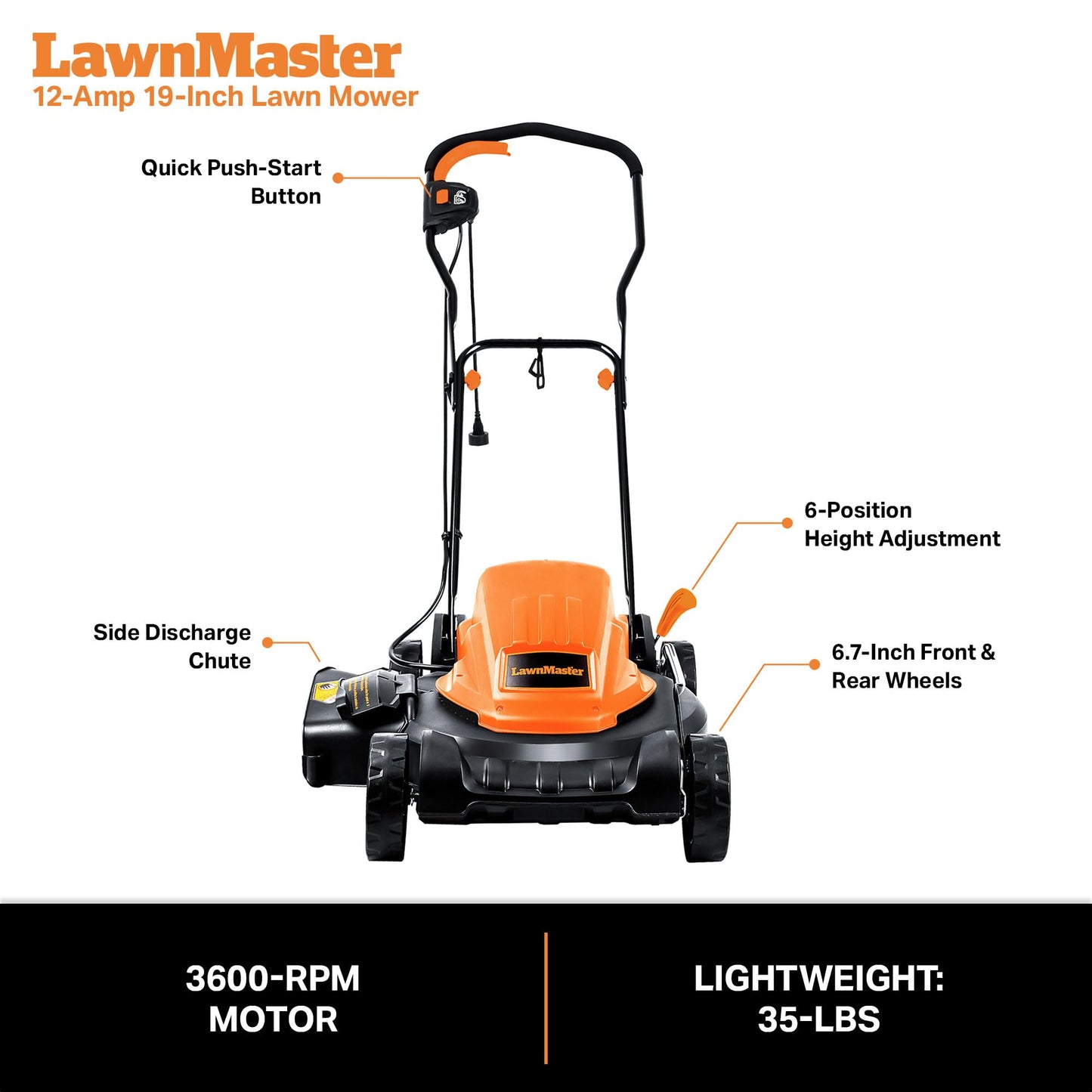 LawnMaster ME1218X Electric Lawn Mower 12AMP 19-Inch