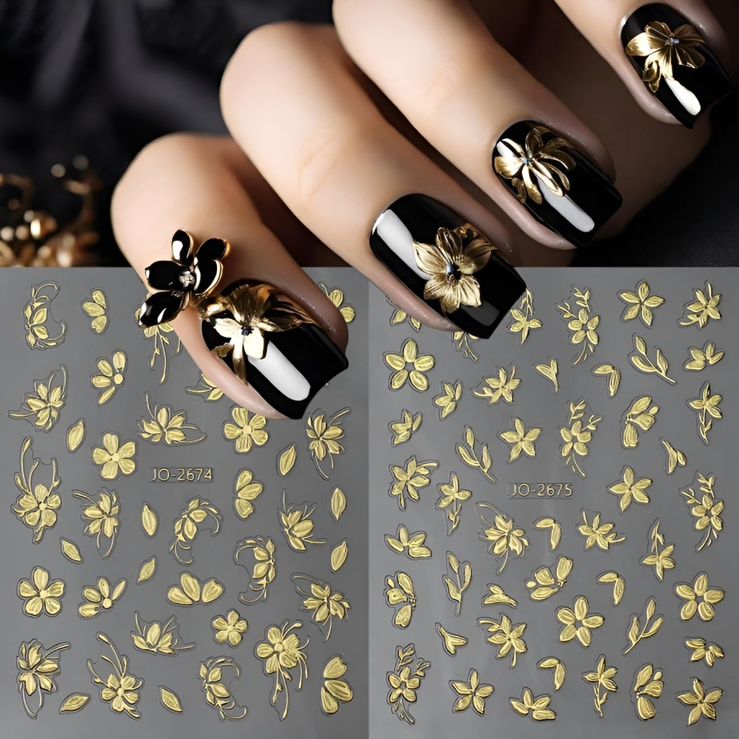 12 Sheets Flower Nail Art Stickers 3D Self Adhesive Gold Nail Decals Summer Spring Nail Stickers for Nail Art Design Flower Nails Supplies for DIY Acrylic Nails for Women Girls