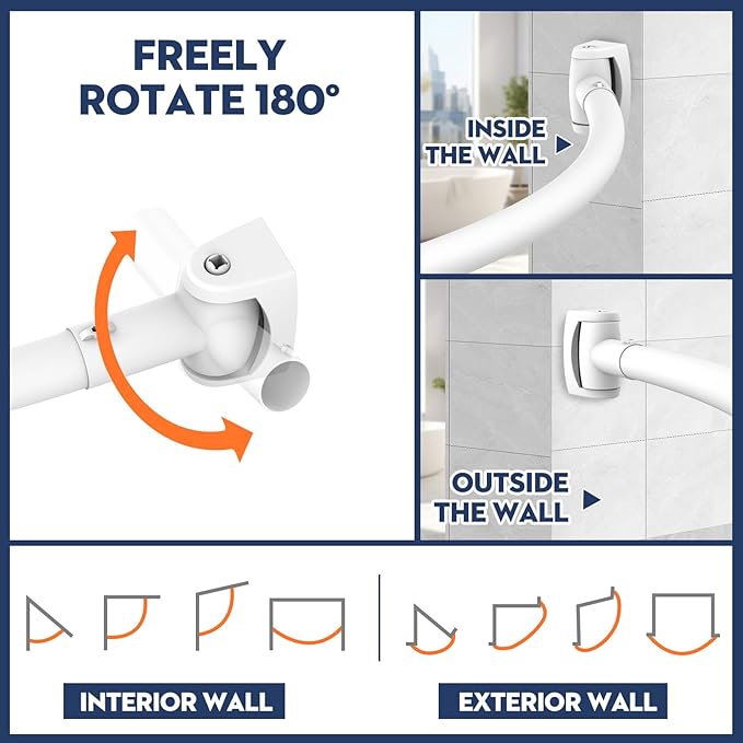 White Curved Shower Curtain Rod 33-78 Inches Adjustable Splicing Design Shower Rods Curved Round Bowed Rust proof, Premium Stainless Steel Need To Drill Shower Curtain Rod for Bathroom, Bathtub, Stall