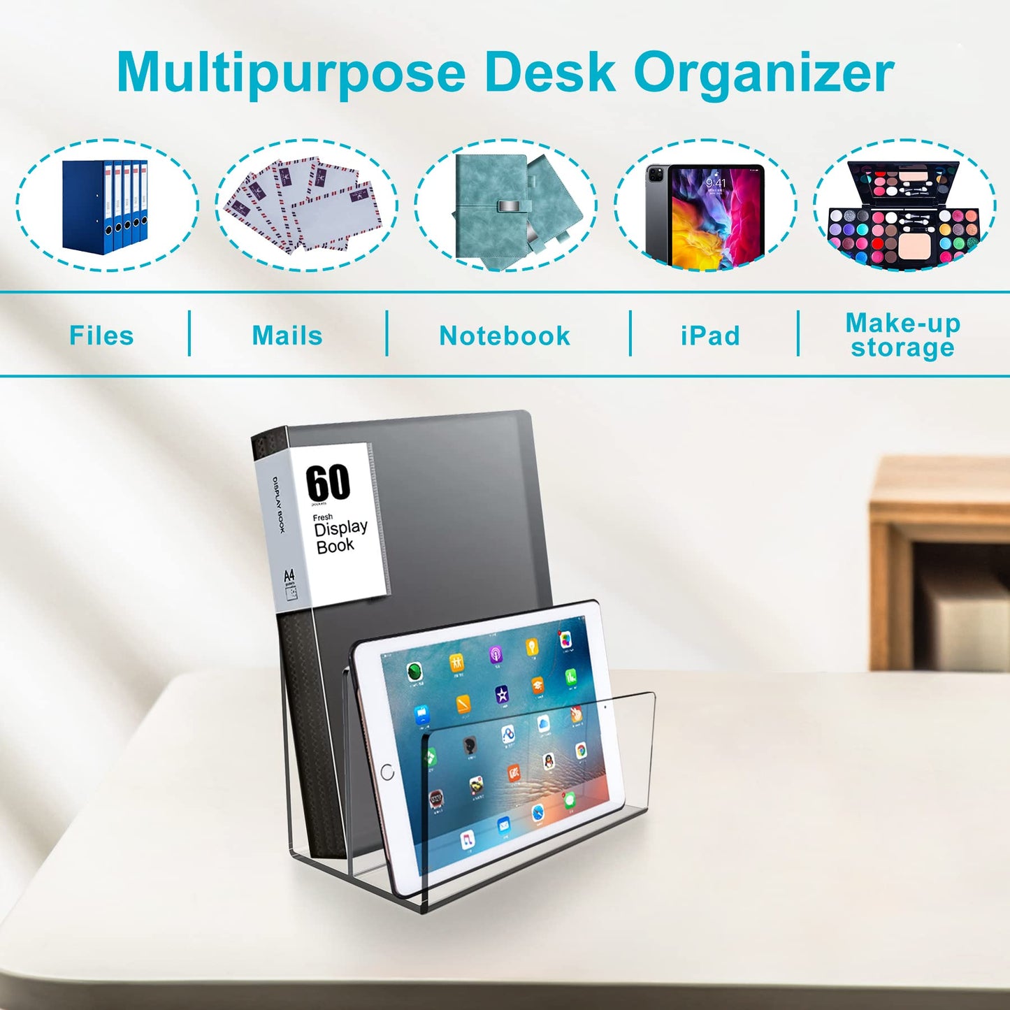 Boloyo Acrylic File Holder,1PC 2 Sections Clear File Organizer Mail Letter Sorter Desktop Folder Holder for Home Office School Envelope Bill Filling Paper Document