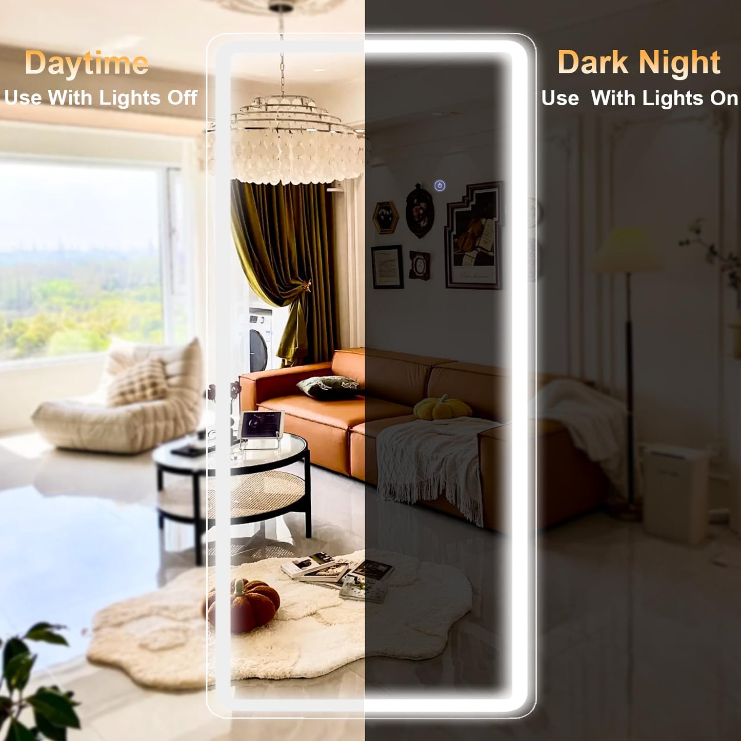 XRAMFY LED Rectangular Corner White Full Length Mirror - 30“ x 71” Brightness Adjustable, Touch Screen Control, Wall Mounted or Freestanding, for Bedroom Living Room Cloakroom Dressing Mirror