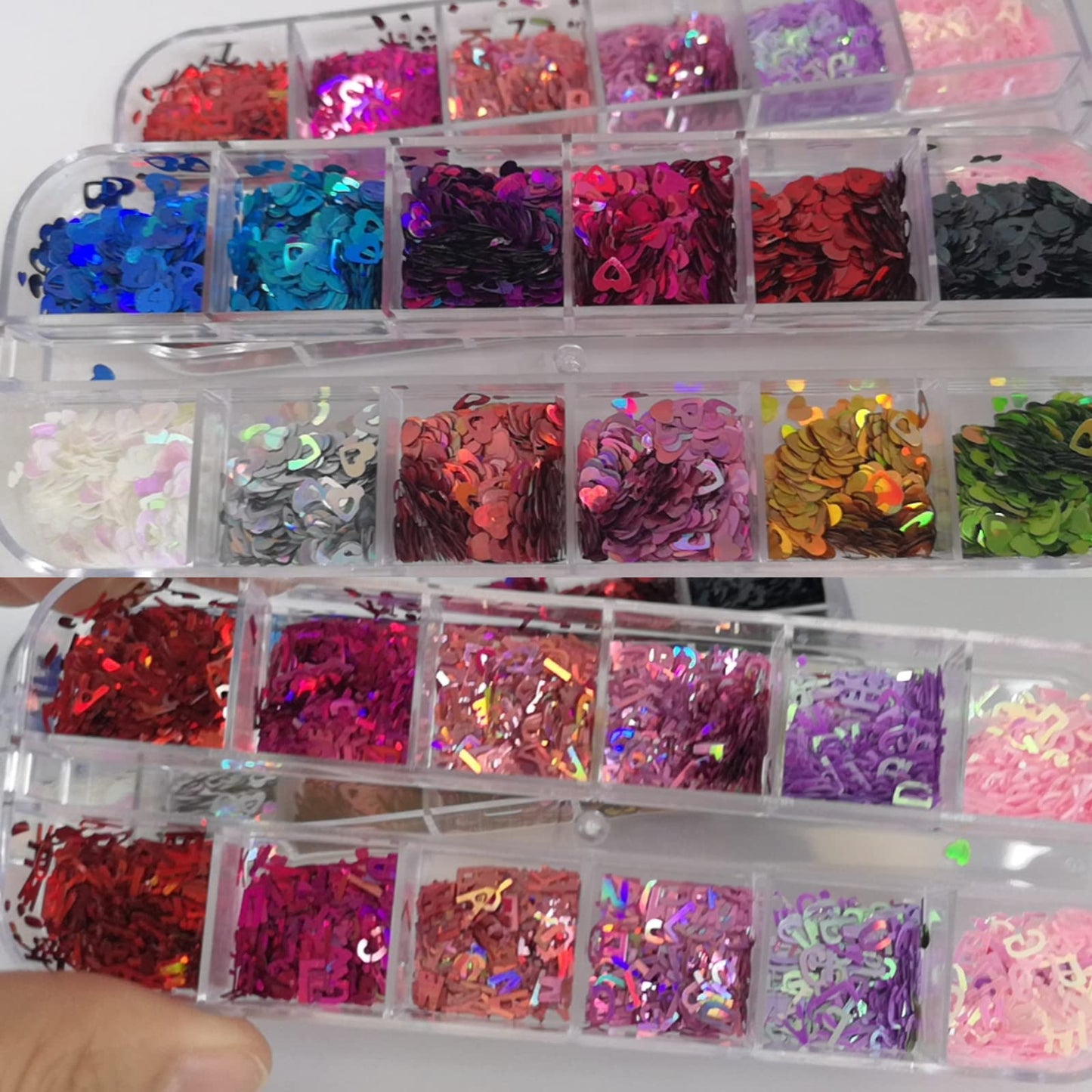 AddFavor 4 Boxes Holographic Nail Glitter Mixed Iridescent Glitters Sequin Flakes Heart Letter Lovely DIY Design Manicure Nail Art Decorations Sets for Nail Art/Craft/Makeup