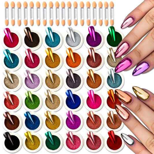 36 Jars Chrome Nail Powder Kit, Metallic Mirror Chrome Powder Pigment for Gel Nails, Holographic Mirror Glitter Rub Dust Set for Nail Art Decoration Home DIY Salon Use