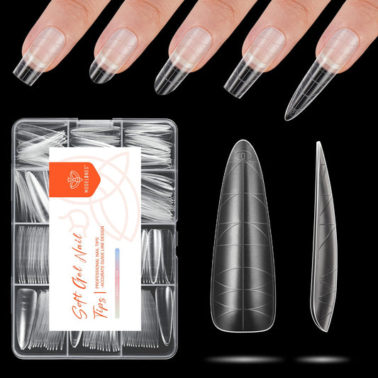 modelones Long Almond Guiding Line Nail Tips, Stiletto Soft Gel Tips Fake Nails False Acrylic Extensions Seamless Accurate Positioning Scale Line, Full Matte Professional Nail Salon 216PCS 12Sizes