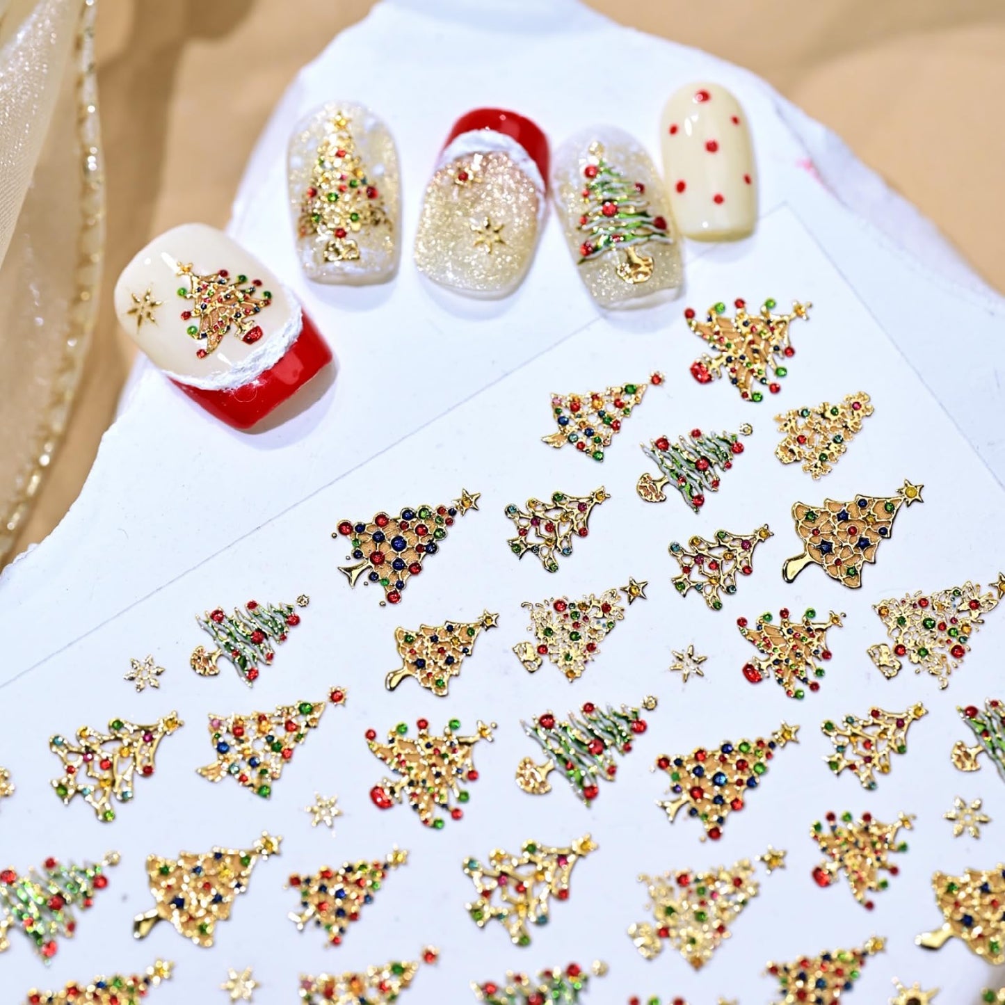 Christmas Nail Art Stickers Xmas Tree Nail Stickers 5D Embossed Self Adhesive Shiny Gold Design Rhinestone Nail Decals for Women Girls Winter Nails Charms Supply Decoration