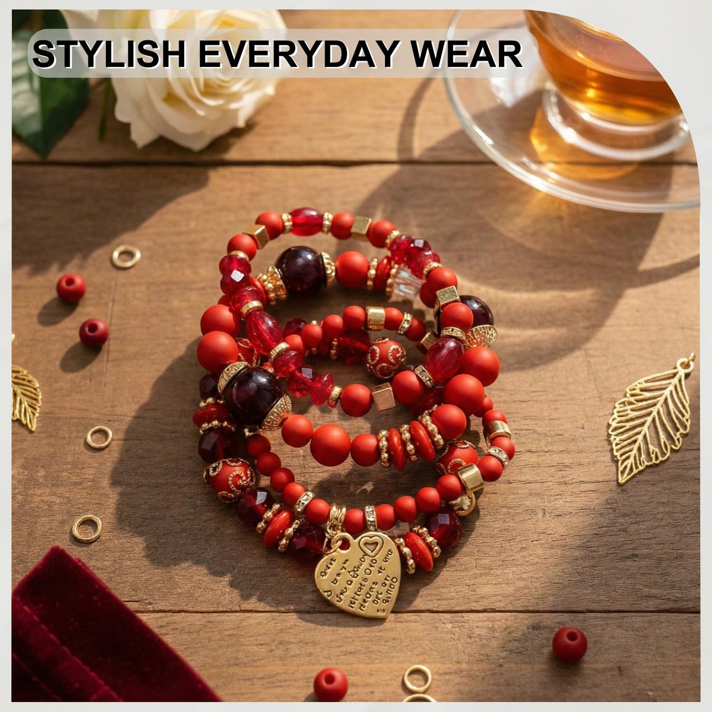 Ysenchan Bohemian Bracelet Set for Women, 4 Pcs Beaded Stackable Bracelets with Heart Charm, Stretch Bracelets, Boho Jewelry Gift – [Red]