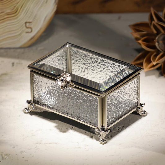 DHCGPP Glass Vintage Jewelry Box Keepsake storage Trinket Ring Display Box Home Decor Embossed Clear Glass Boxes Organizer(3.9x2.7x2.3Inches)
