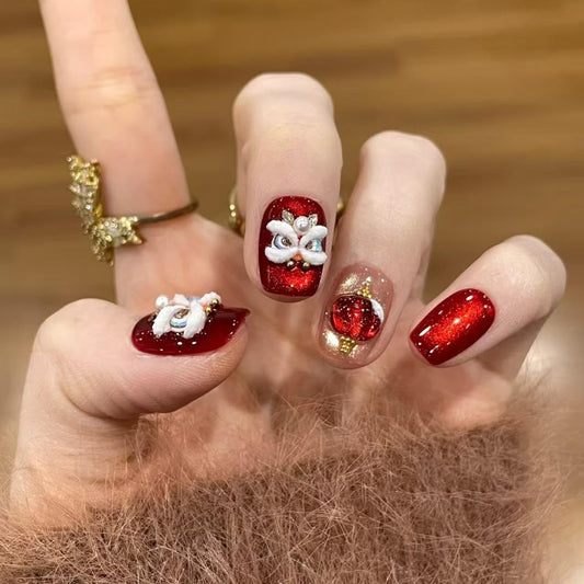 plalely Square Press on Nails Short Red Fake Nail Cute 3D Chinese Lion and LanternforChinese New Year Acrylic Nail Press ons Best WishesStick on Nail for Women 24pcs