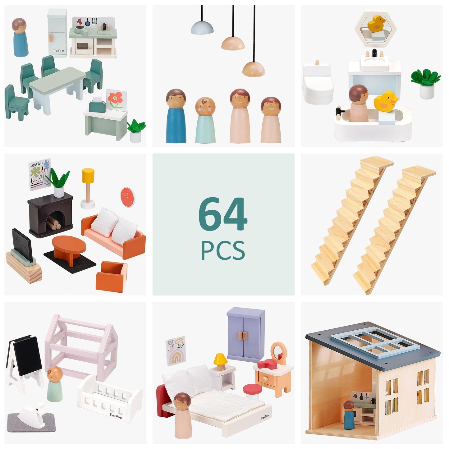 PairPear Large Wooden Dollhouse, 3 Story Play House with 64 Pieces Furniture Accessories & Garage, Pretend Play Family Dollhouse Gift for Kids 3+