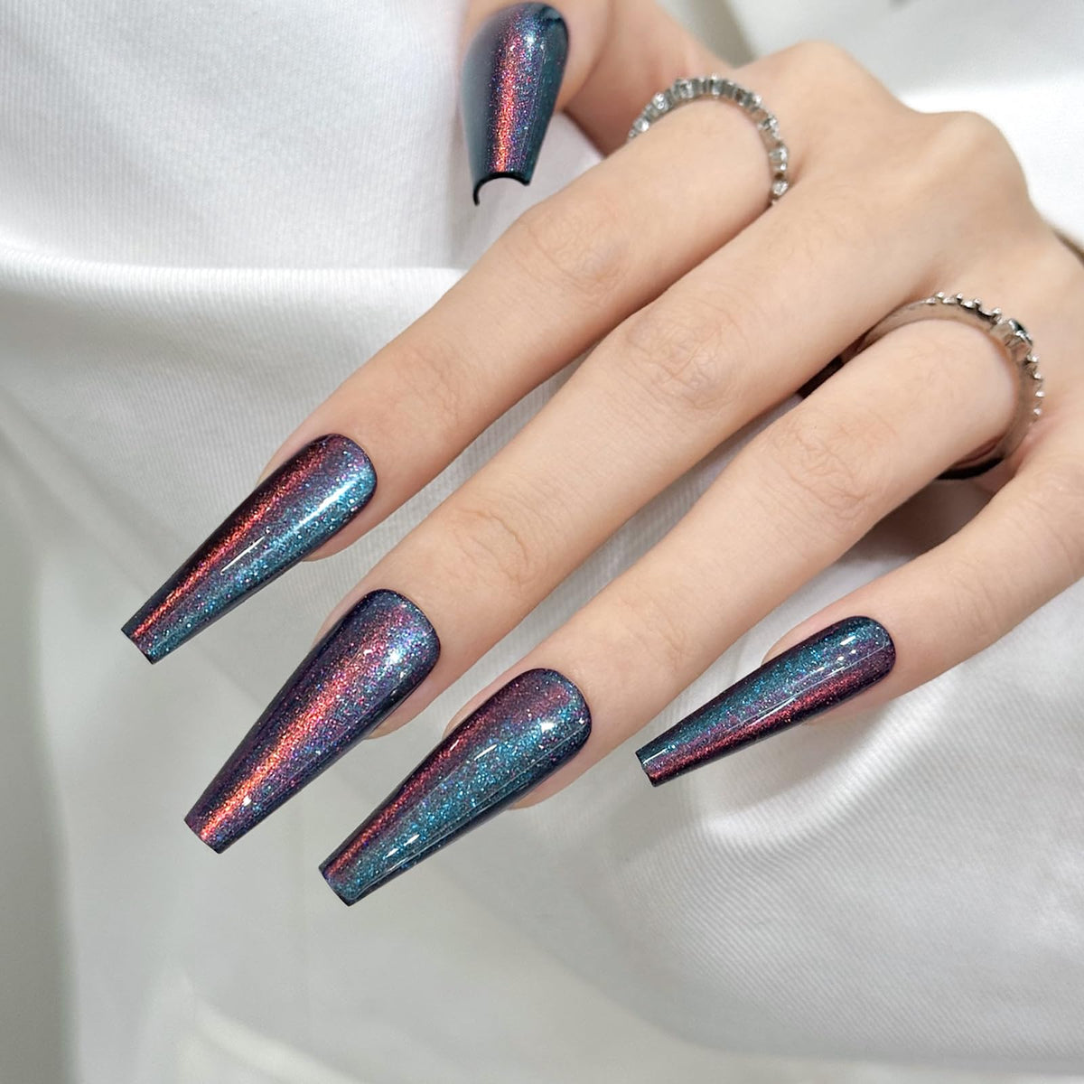 Navy Blue Cat Eyes Press On Nails,12 Sizes - 24 Pcs Soft Gel Blue Long Coffin Fake Nails Kit with Nail Glue, Natural Reusable Stick On False Nails for Women and Girls SK1039