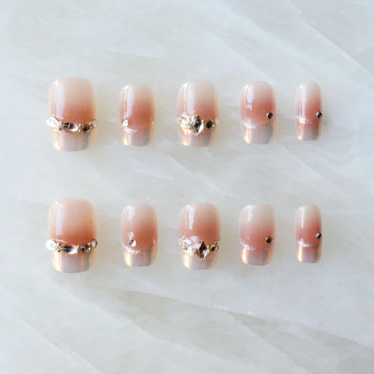 [GLORS] Purely Handmade Press On Nails | Moon Dream - French-style Pink Nail Tips with Diamond | Salon Quality Fake False Nails in Short Square 10 pieces (XS, SS)