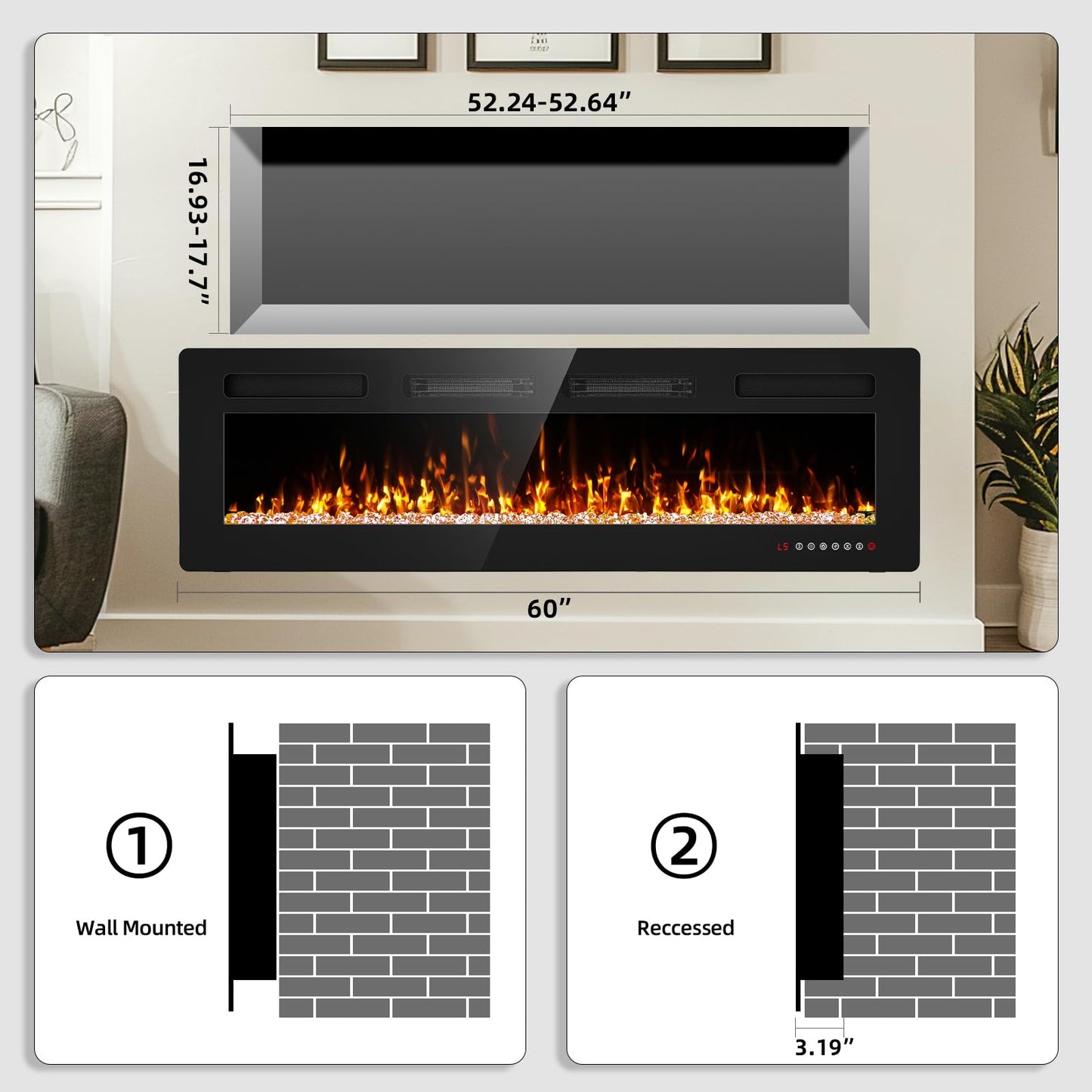 60 inch Electric Fireplace Recessed and Wall Mounted