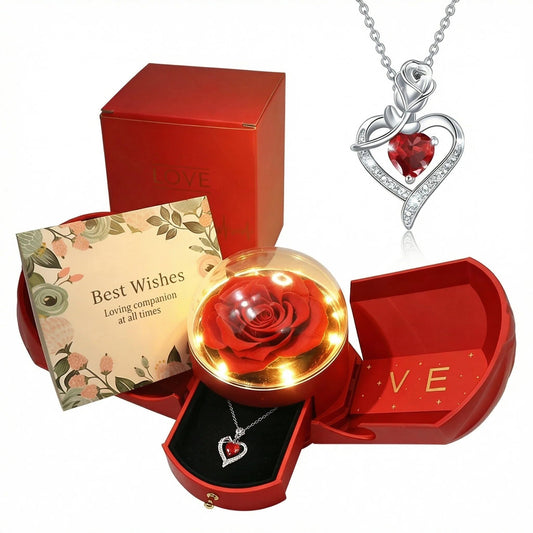 Mifgra Preserved Rose Jewelry Gift Box with Heart Necklace – Eternal Rose LED Light Gift Set for Women, Perfect for Valentine's Day, Birthday, Mother's Day, Girlfriend, Wife, Mom