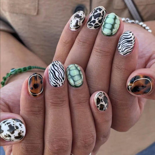 Octoswave Press on Nails with Animal Print Design - Short Oval Acrylic Fake Nails for Women, Girls - 24Pcs