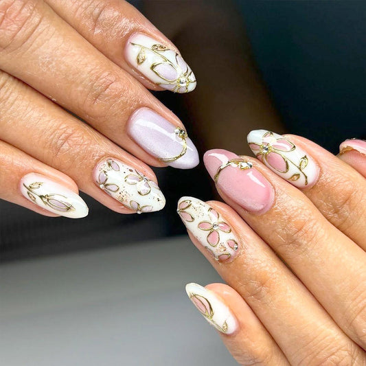 24Pcs Cute Flower Press on Nails Short Almond Fake Nails 3D Pink Purple Floral False Nails with Rhinestone Charms Design Nail Gilded French Tip Artificial Nail Glitter Full Cover Nails for Women