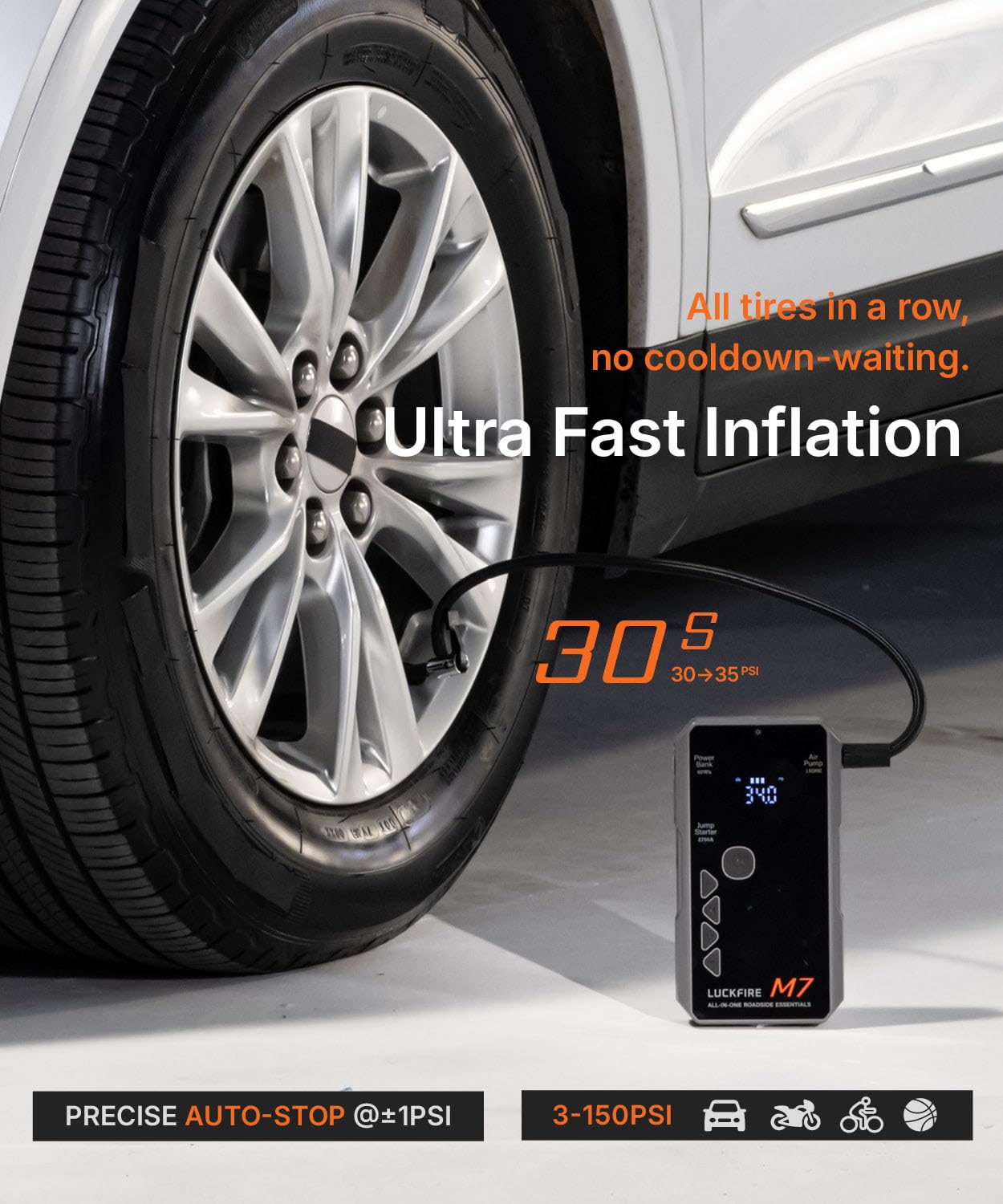 LUCKFIRE M7 SmartIgnition Jump Starter with Air Compressor, TÜV Certified 12V Car Battery Booster Pack, Portable Tire Inflator, Jump Box, 60Wh Power Bank, for 10L Gas and 8.5L Diesel