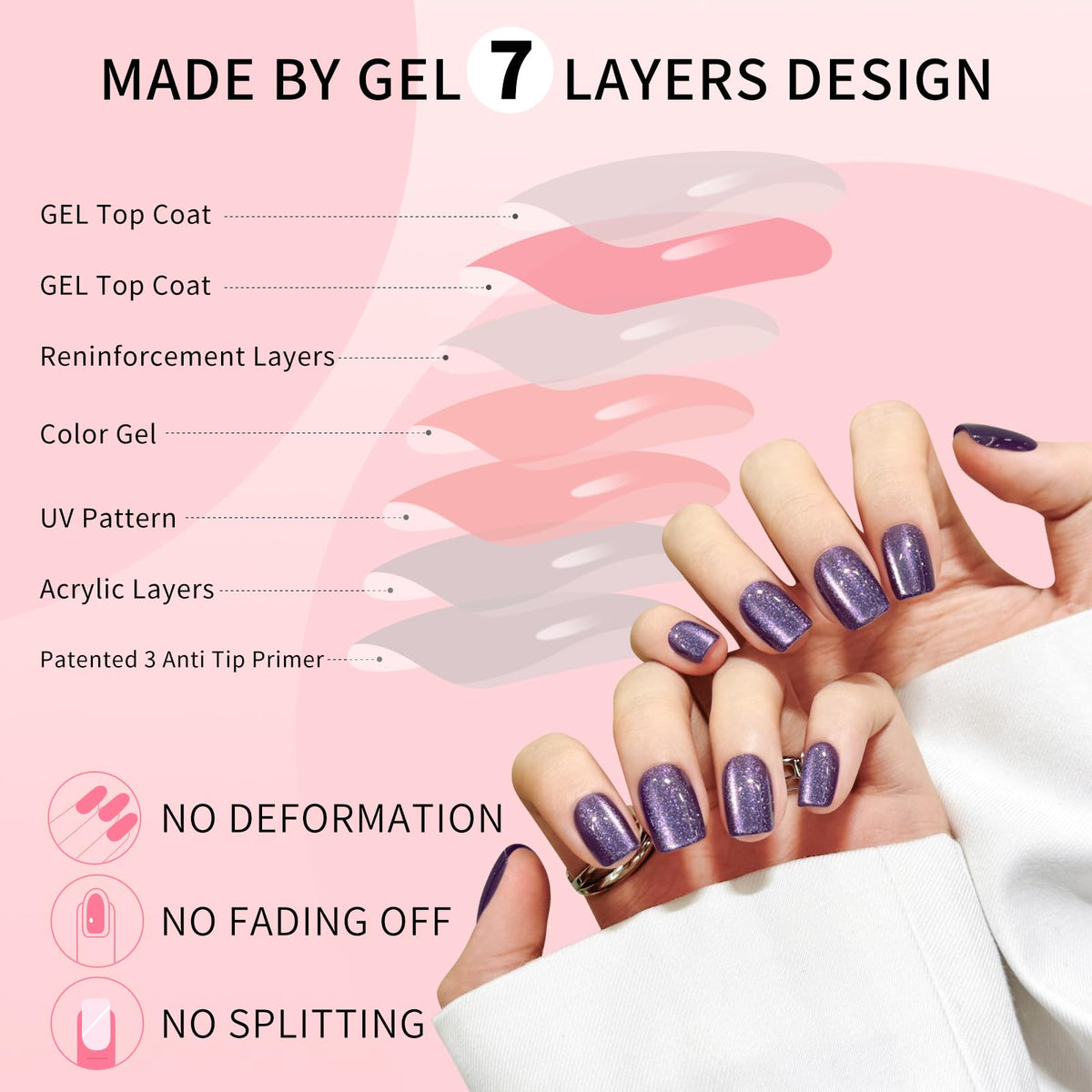 Dark Purple Cat Eyes Press On Nails,12 Sizes - 24 Pcs Soft Gel Purple Short Squoval Fake Nails Kit with Nail Glue, Natural Reusable Stick On False Nails for Women and Girls SK1060