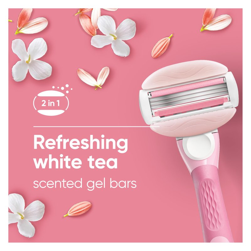 Gillette Venus ComfortGlide Razor for Women, White Tea Scented Gel Bars, Includes 1 Reusable Razor Handle + 2 3-Bladed Razor Refills, Women's Razor with Built-in Shave Gel Bars