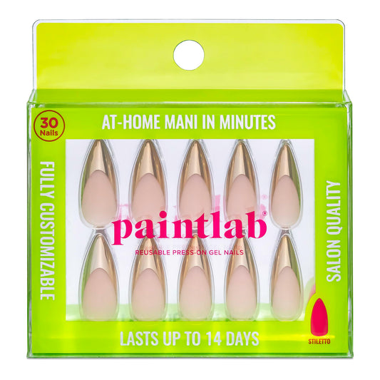 PaintLab Press On Nails - Gold Chrome Stiletto Fake Nails, 30 Nails in 15 Sizes with Glue, Reusable Salon Quality Chrome Press On Nails