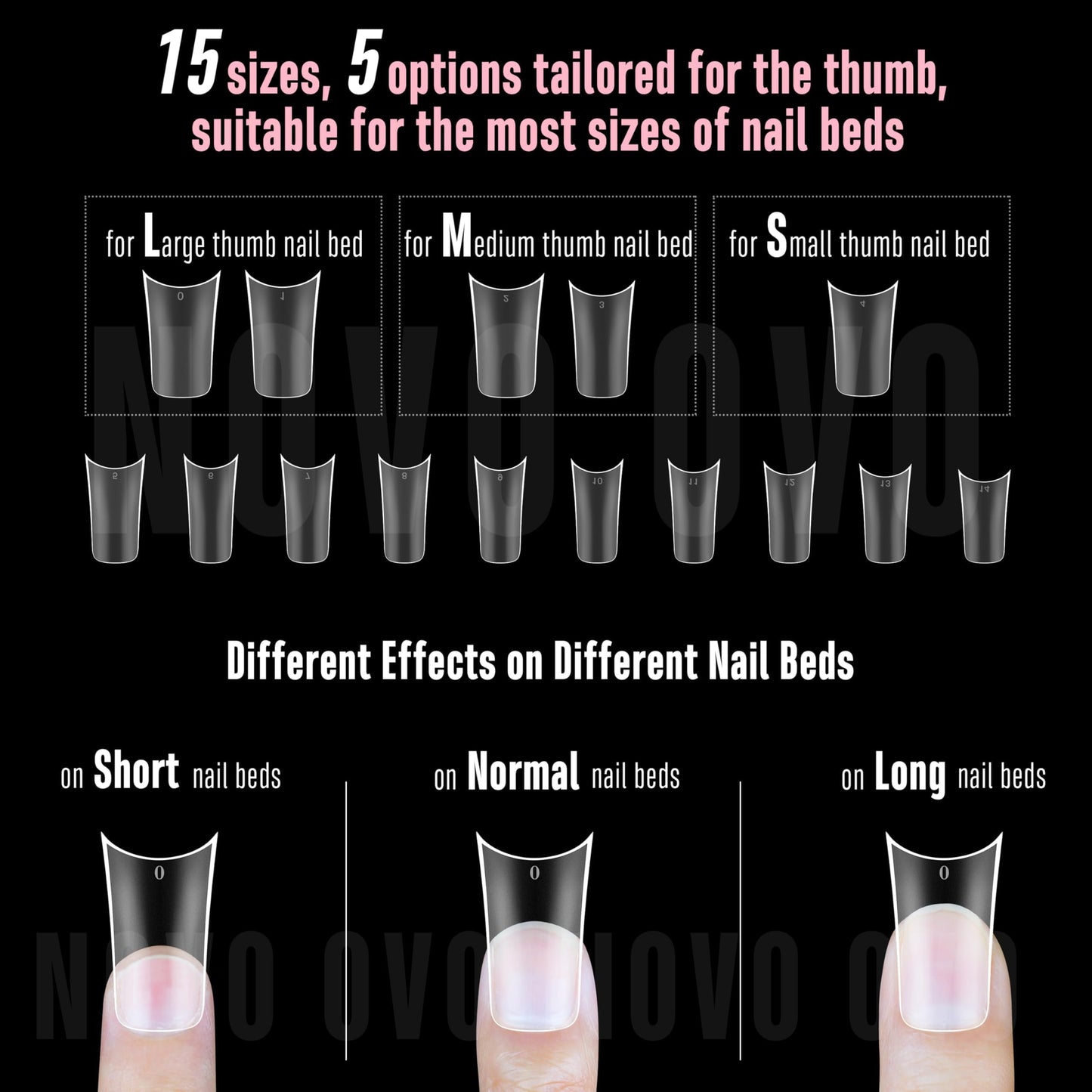 NOVO OVO Halloween Extra Thick Duck Feet Nail Tips Full Cover with Moon Curve for Press on Acrylic, Medim Long Clear Pre-Etched Matte Flare Wide French Soft Gel False Nail Extension x 15 Sizes 240 pcs