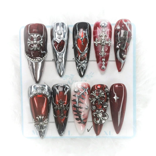 Handmade Long Stiletto Press On Nails, Y2K Gothic Style, Red and Black Marble Design with Silver Metal Embellishments, Queen of Blood Collection, 10 Pieces, Sizes XXS-XL (XXS)