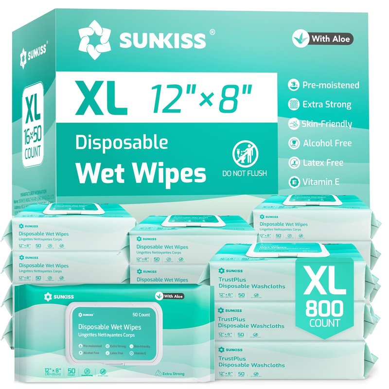 SUNKISS Trustplus Wet Wipes for Adult No Rinse, Extra Large 8”x12” Body Cleaning Washcloths for Elderly Incontinence & Cleansing, Unscented, 800 Count (16 Packs of 50)