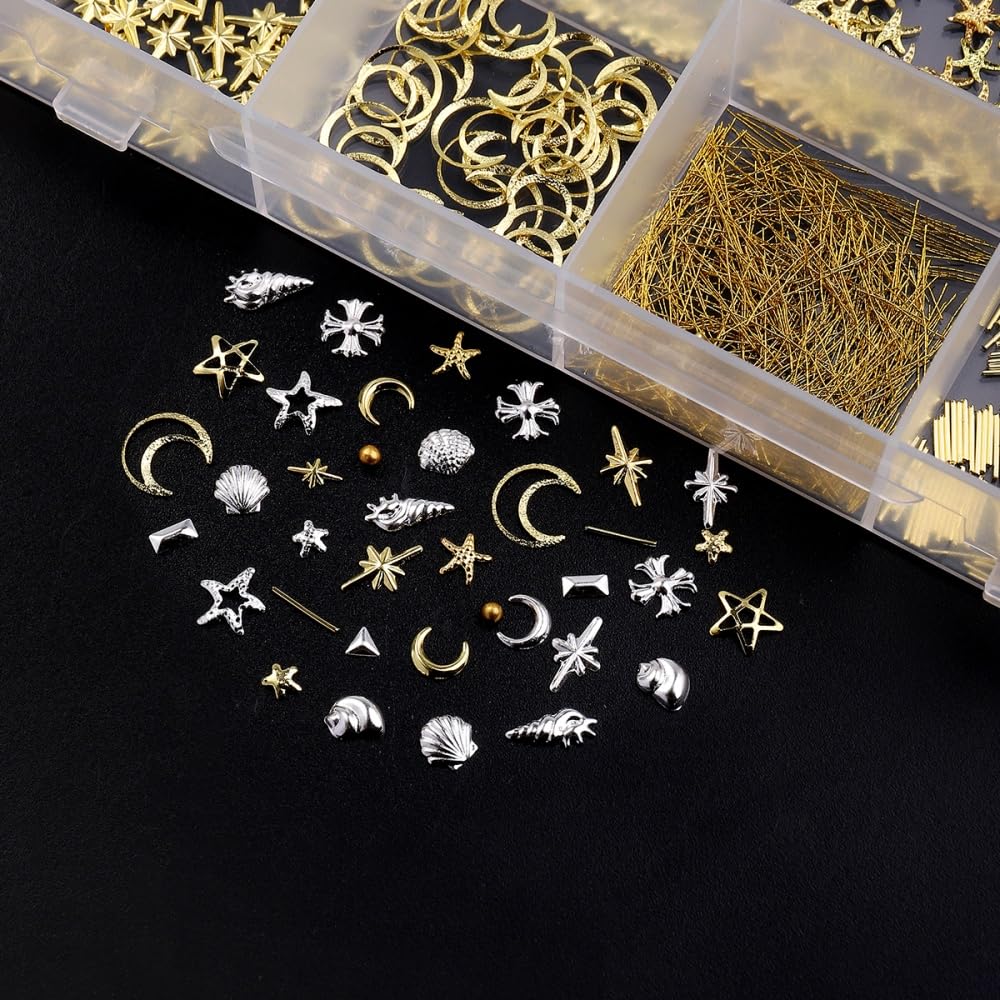 Gold Silver Nail Charms 3D Alloy Flower Nail Gems Metal Moon Star Nail Jewels Ocean Beach Starfish Seashell Gold Beads Nail Art Supplies with Tweezer for Women DIY Acrylic Nail 24 Grids 1 Box