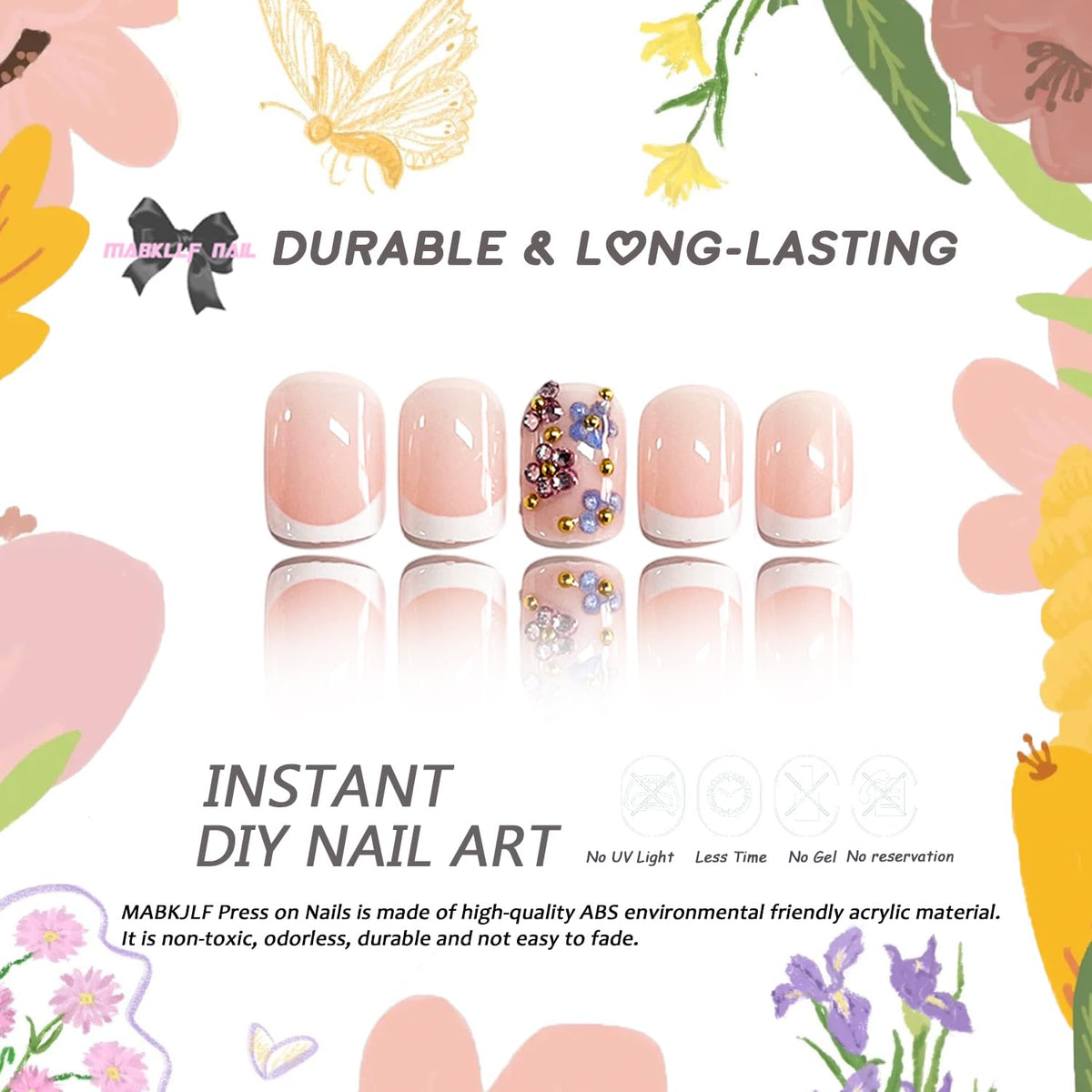Press on Nails Short Square MABKJLF Petite Fake Nail White French Tip False Nails with Rhinestones Flower Gold Ball Designs Glossy Glue on Nail Spring Full Cover Acrylic Nails for Women Girls 24Pcs