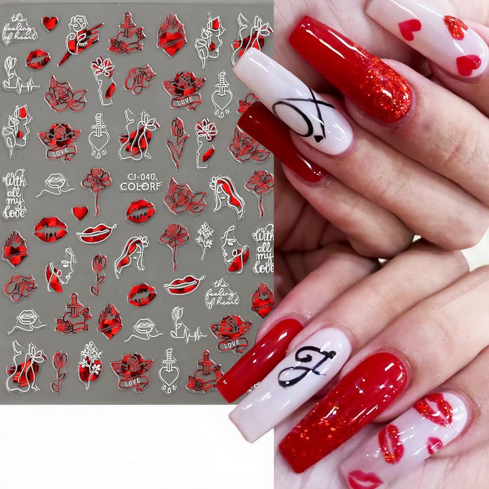 12 Sheets Valentine’s Nail Art Stickers - 3D Self-Adhesive Red Diamond Lip Print Flowers Designs for Women, Easy DIY Acrylic Nails Decoration, Party & Daily Fashion Accessories