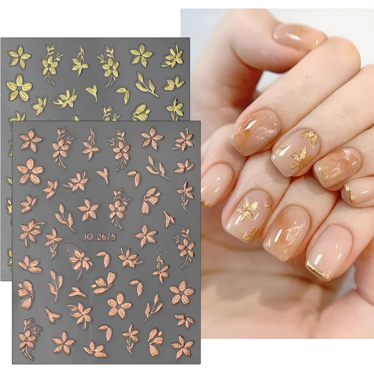 12 Sheets Flower Nail Art Stickers 3D Self Adhesive Gold Nail Decals Summer Spring Nail Stickers for Nail Art Design Flower Nails Supplies for DIY Acrylic Nails for Women Girls