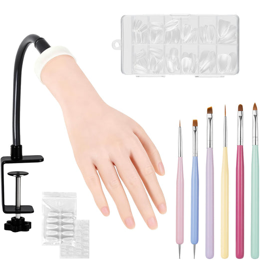 Practice Hand for Acrylic Nails,Flexible Nail Practice Hand Kit with Clamp Stand,140 Nail Tips, Nail Glue, 6pcs Nail Art Brushes - Complete Manicure Training Tool for Beginners & Professionals