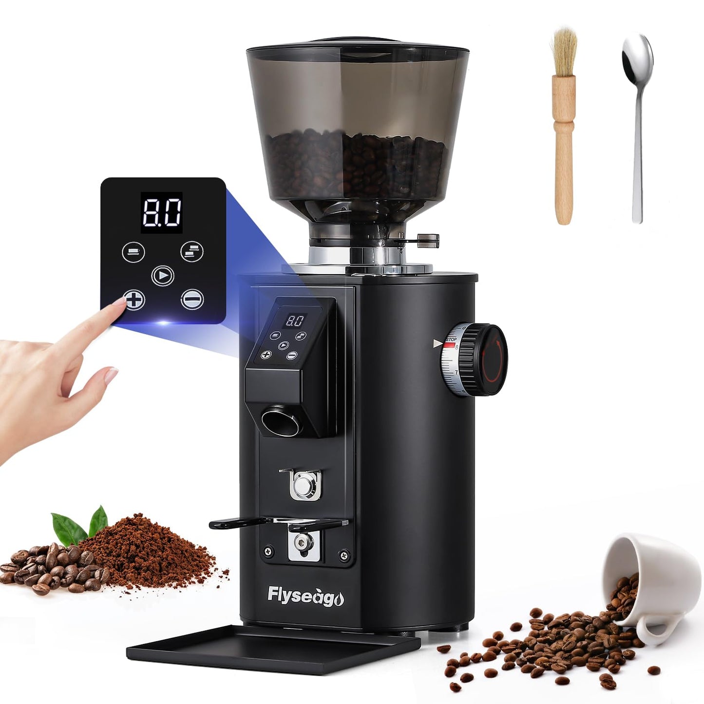 Flyseago Commercial Coffee Grinder Heavy Duty - 64mm SS Flat Burrs, 8 Precise Settings, Button Control, 35oz Hopper, Business and Home Use, Black 400W