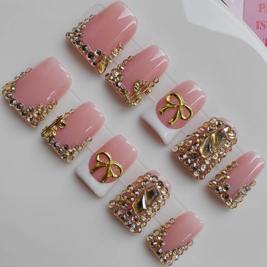 Gleamrain Duck Press on Nails Handmade Fake Nails Pink with Rhinestones and Bow Design for Women 10pcs M Size Pattern 1102